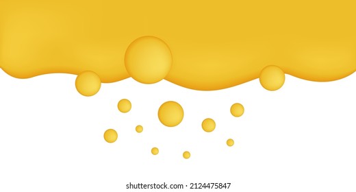3d honey drip. Flow of yellow liquid. Honey syrup wave or mango pulp on yellow background, texture. Sticky caramel  flows down. Dripping liquid of tasty drink. Butter, sugar syrup. Vector