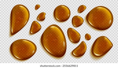 3d honey drop. Gold olive oil or serum bubble. Golden cosmetic argan drip or fluid beauty essence puddle for skincare. Realistic collagen stain png. Jelly skin gel icon transparent. Hair keratin