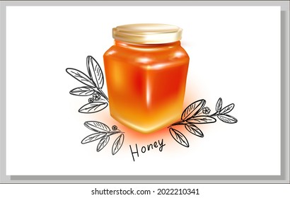 3d Honey Glass Jar illustration with honey.Vector Metal screw cap lid.Sketch.