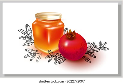 3d Honey Glass Jar illustration with honey.Vector Metal screw cap lid.Garnet hand drawing.Pomegranate Fruit on White background.