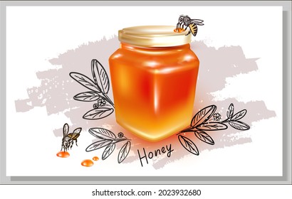 3d Honey Glass Jar illustration with honey.Vector Metal screw cap lid.A bee on a flower. Chamomile.Sketch.