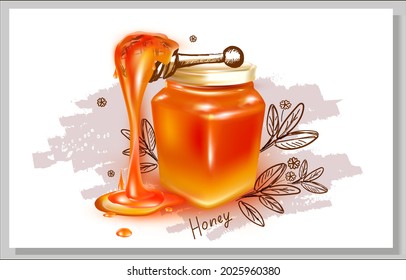 3d Honey Glass Jar.Vector Metal screw cap lid.Sketch.Pencil graphics.Honey dripping from Honey dipper.