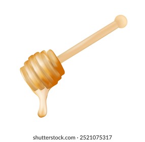 3D honey spoon realistic illustration of a dripping honey floating in the air on a white background. Honey stick icon. Honey spoon vector illustration. Wooden dipper symbol. Liquid sweet dessert