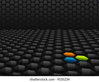 3D honeycomb mesh background with color accents