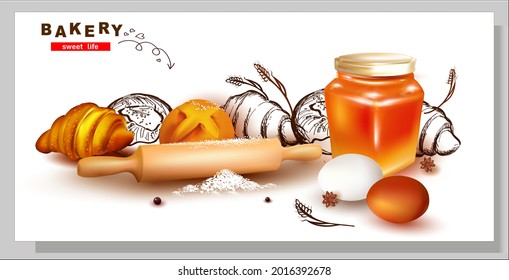 3d Honey.Egg.Bagel with Jam. Pencil hand drawing.Graphic image of sweet roll, pastry, croissant, cheesecake.Logo, inscription for the sale of pastry, pastries.Croissant.Sketch.Spikelet.Rolling Pin.