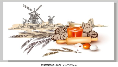 3d Honey.Egg.Rolling Pin.Spikelet.Mill. Windmill sketch.Graphic Hand-drawn illustration.Village landscape. Sketch.Vector.