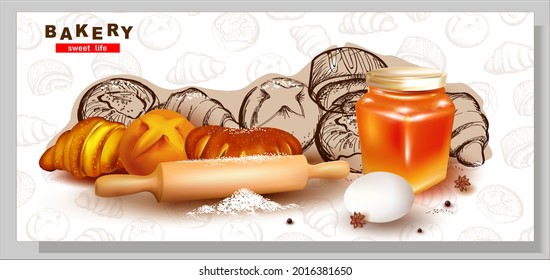 3d Honey.Vector Egg.Bagel with Jam. Pencil hand drawing.Graphic image of sweet roll,pastry, croissant,cheesecake.Logo, inscription for the sale of pastry, pastries.Croissant.Sketch.Wooden Rolling Pin.