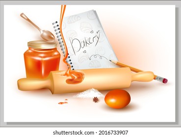 3d Honey.Vector Egg.Pencil hand drawing.Logo, inscription for the sale of pastry, pastries.Sketch.Wooden Rolling Pin.