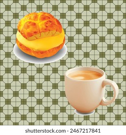 3D Hong Kong Food. Hong Kong Milk Tea Cup . Pineapple bun with butter