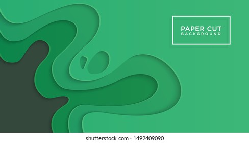 3D horizontal background of green paper cut, vector illustration