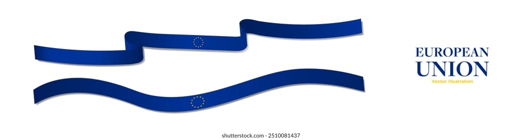 3d Horizontale Flaggenbänder der Europäischen Union mit Schatten, einzeln auf weißem Hintergrund. EU-Verzögerung In der Perspektive gerollt und gerendert. EU-Lag-Band. Bearbeitbare Vektorgrafik.