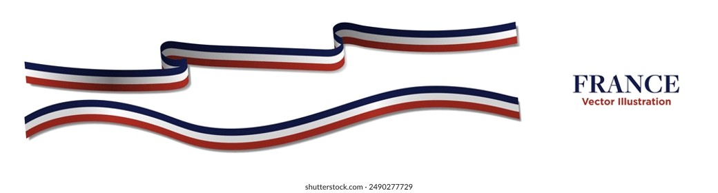 3d Horizontal Long France Flag Ribbons with shadows, isolated on white background. French Flag Curled and rendered in perspective. Graphic Resource. Editable Vector Illustration.