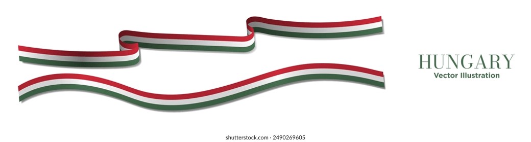 3d Horizontal Long Hungary Flag Ribbons with shadows, isolated on white background. Hungarian Flag Curled and rendered in perspective. Graphic Resource. Editable Vector Illustration.
