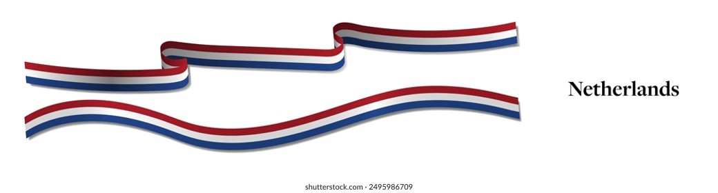 3d Horizontal Long Netherlands Flag Ribbons with shadows, isolated on white background. Dutch Flag Curled and rendered in perspective. Holland Flag band. Editable Vector Illustration.
