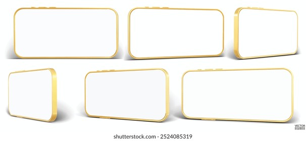 3D Horizontal smartphone mockup with white screen. Gold mobile phone isolated on white background. Landscape golden phone. 3d vector illustration