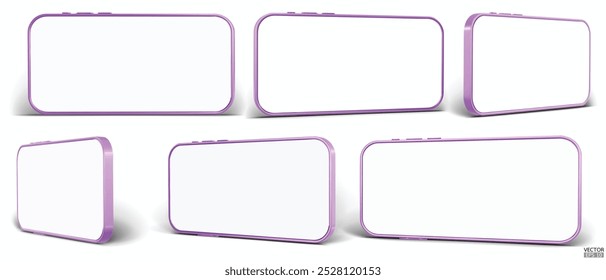 3D Horizontal smartphone mockup com tela branca. Telefone celular roxo isolado no fundo branco. Telefone magenta paisagem. ilustração de vetor 3d