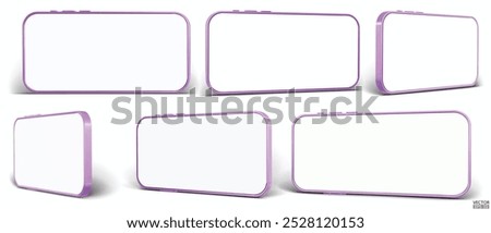 3D Horizontal smartphone mockup with white screen. Purple mobile phone isolated on white background. Landscape magenta phone. 3d vector illustration