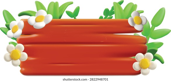 A 3D horizontal wooden board with green leaves and white daisies. Gardening, ecology, spring holidays, and farming themes. Suitable for cards and banners. Vector. Plastic cartoon silhouette. Icon.