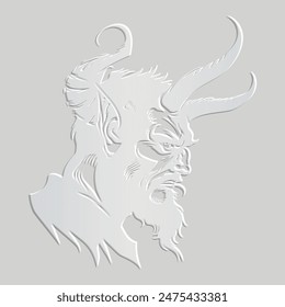 3d horned devil head emboss surface silhouette. Embossed 3d daemon. Mystical being. Light textured vector background. Relief ominous evil with horns. Mythical darkness creature.