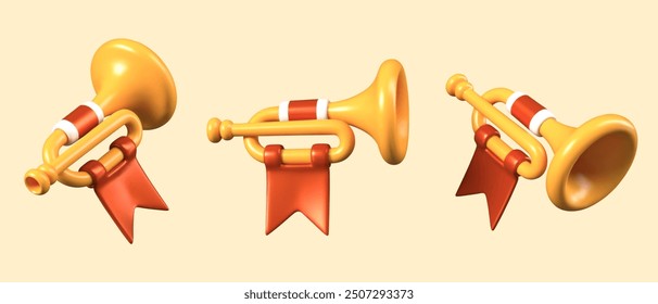 3D horns in different positions. Vector gold trumpet with flag