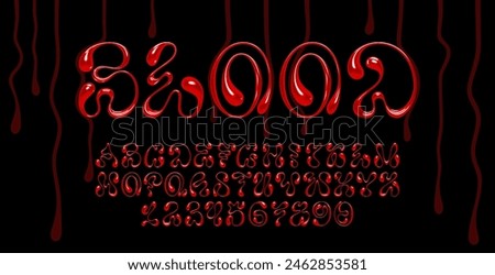 3D horror blood font with fluid wavy shapes, drips, and drops. Set of isolated vector red alphabet letters and numbers in Y2K style. Typography for creepy and spooky Halloween banners and posters