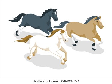 3d Horse herd run free on desert dust against storm sky. Black stallions with long mane run on dark background