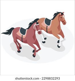 3d Horse Race competition on racecourse of hippodrome. Flat design vector illustration. two horses in different phases of the galop and different colors.