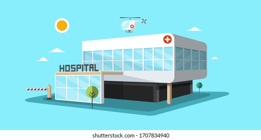 3D Hospital Building Vector Illustration. Emergenty Exterior With Helicopter And Gate.