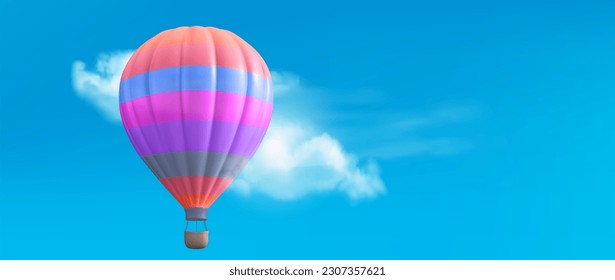 3d hot air balloon realistic travel basket fly in sky and cloud vintage vector illustration  Creative banner for journey adventure activity festive ride  Baloon in clouds background and space