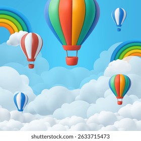 3D hot air balloons floating through fluffy clouds with vibrant rainbows in a blue sky for kid banner, baby shower, birthday greeting card. 3d rendering. Vector illustration