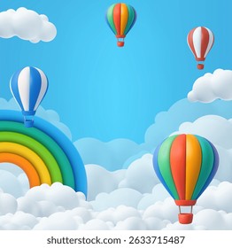 3D hot air balloons floating through fluffy clouds with vibrant rainbows in a blue sky for kid banner, baby shower, birthday greeting card. 3d rendering. Vector illustration