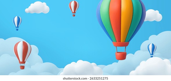 3D hot air balloons soaring among fluffy white clouds against blue summer sky. kid banner, balloon poster template, birthday greeting card, children's day. 3d rendering. Vector illustration