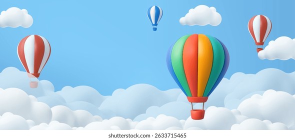 3D hot air balloons soaring among fluffy white clouds against blue summer sky. kid banner, balloon poster template, birthday greeting card, children's day. 3d rendering. Vector illustration