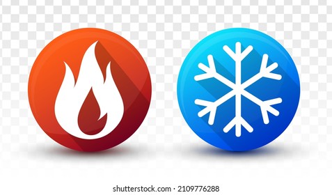 3D Hot and cold icon set with flame and snowflake. Cooling and heating button design concept on transparent. Vector Illustration