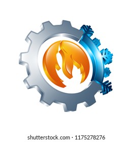 3D Hot and cold round sign. Temperature balance icon. Sun and snowflake line style symbols with red and blue parts of circle
