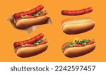 3D hot dog element set isolated on orange background. Including hot dog on parchment paper, sausage, bread, and bread with vegetables.