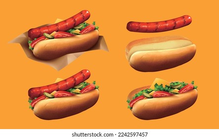 Elemento de hot dog 3D aislado en el fondo naranja. Incluyendo perritos calientes en papel de pergamino, salchichas, pan y pan con verduras.