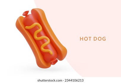 3D hot dog with mustard. Hot fast food with spicy sauce. Classic street food. Vector layout with realistic illustration and text. Advertisement of meat dishes