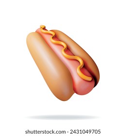 3D Hot Dog with Mustard Isolated on White. Render Hotdog Icon. Sausage with Bun and Mustard. Fast Food Concept. Fat, Unhealthy Food. Cartoon Vector Illustration