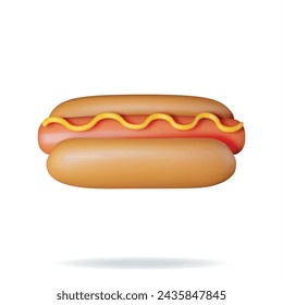 3D Hot Dog with Mustard Isolated on White. Render Hotdog Icon. Sausage with Bun and Mustard. Fast Food Concept. Fat, Unhealthy Food. Cartoon Vector Illustration