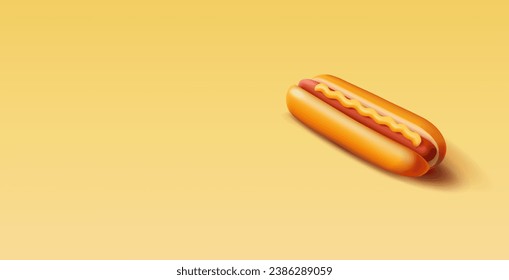 3D hot dog with mustard on an orange background. For concepts of street food, fast food, festivals, and cafes.