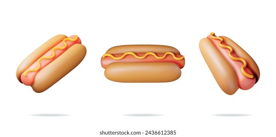 3D Hot Dog with Mustard Set in Different Angles Isolated on White. Render Collection of Hotdog Icon. Sausage with Bun and Mustard. Fast Food Concept. Fat, Unhealthy Food. Cartoon Vector Illustration