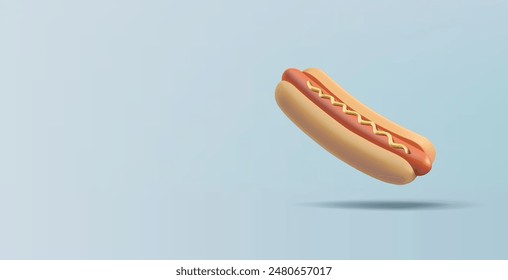 3D hot dog. Realistic rendering of a hot dog with mustard for fast calorie and tasty food advertising concepts. Vector