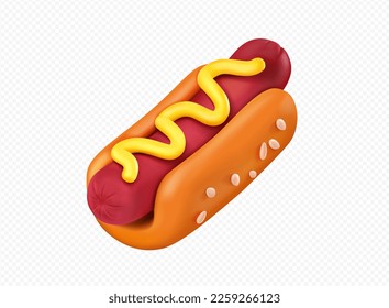 3D hot dog street snack isolated on transparent background. Realistic vector illustration of traditional American fast food made of sesame bun, sausage, mustard sauce. Restaurant menu design element