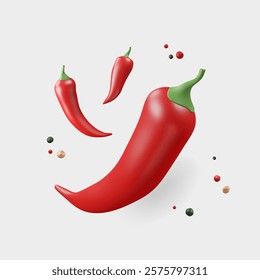 3d hot pepper. Red chili vegetables with seeds on gray background. Vector illustration. Fresh farm ingredient with spices. Cayenne harvest, cuisine banner.