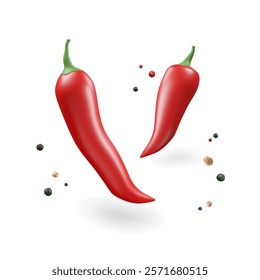 3d hot peppers with seeds. Red chili vegetables. Fresh farm ingredient, cayenne pepper with spices. Vector isolated illustration. Cartoon elements.