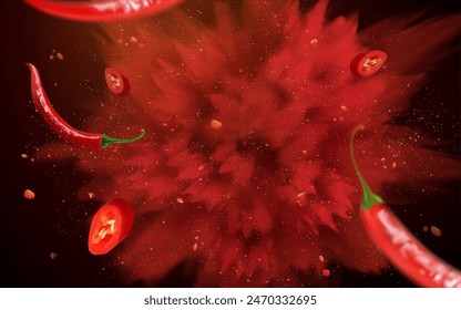 3D Hot red powder explosion effect background with chili pepper flying out.