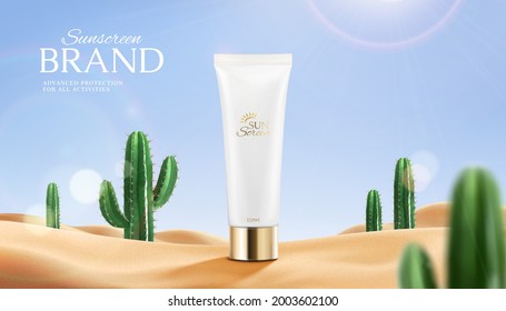 3d Hot Summer Sunscreen Tube Ad. Illustration Of Sunblock Product Standing On The Sandy Desert On A Hot Sunny Day