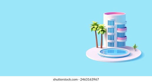 3D hotel with a pool and palm trees. Banner for advertising tourism, summer vacation, and vacation. The realistic exterior of the building. Vector illustration.