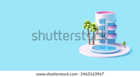 3D hotel with a pool and palm trees. Banner for advertising tourism, summer vacation, and vacation. The realistic exterior of the building. Vector illustration.